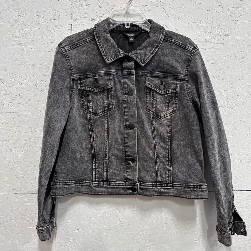 Simply Vera Wang Large Denim Jacket Gray Acid Wash Grunge Edgy Cropped Retro